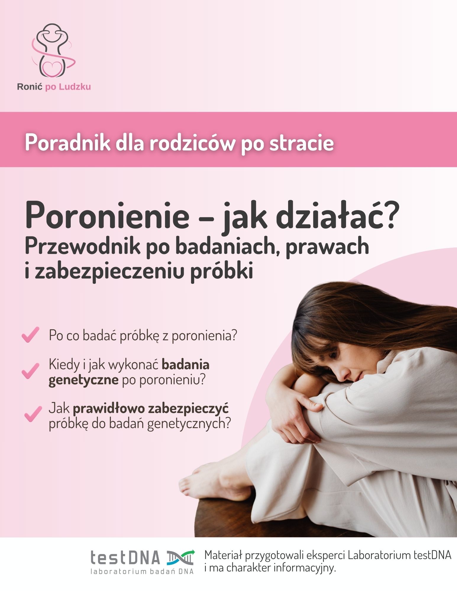 Okładka poradnika „Poronienie – jak działać?”. Przewodnik dla rodziców po stracie, dotyczący badań genetycznych, praw po poronieniu oraz prawidłowego zabezpieczenia próbki do badań.
